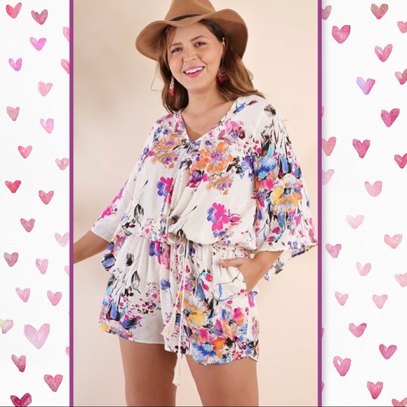 Umgee Pants - Umgee Ivory/Pink Floral Romper